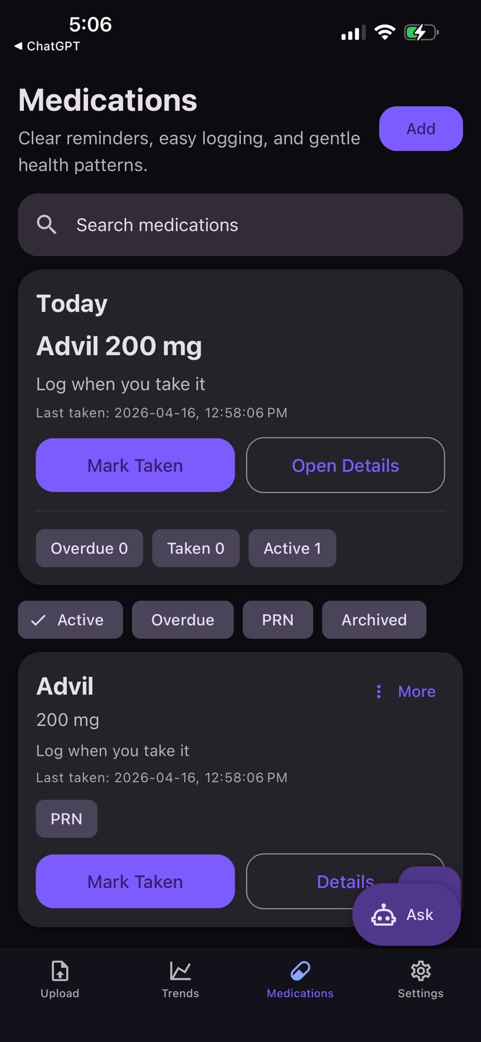 Medician medications screen