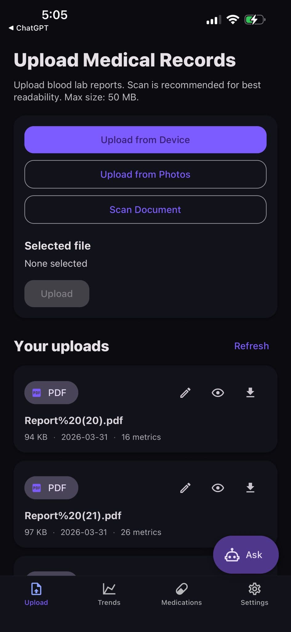 Medician upload screen