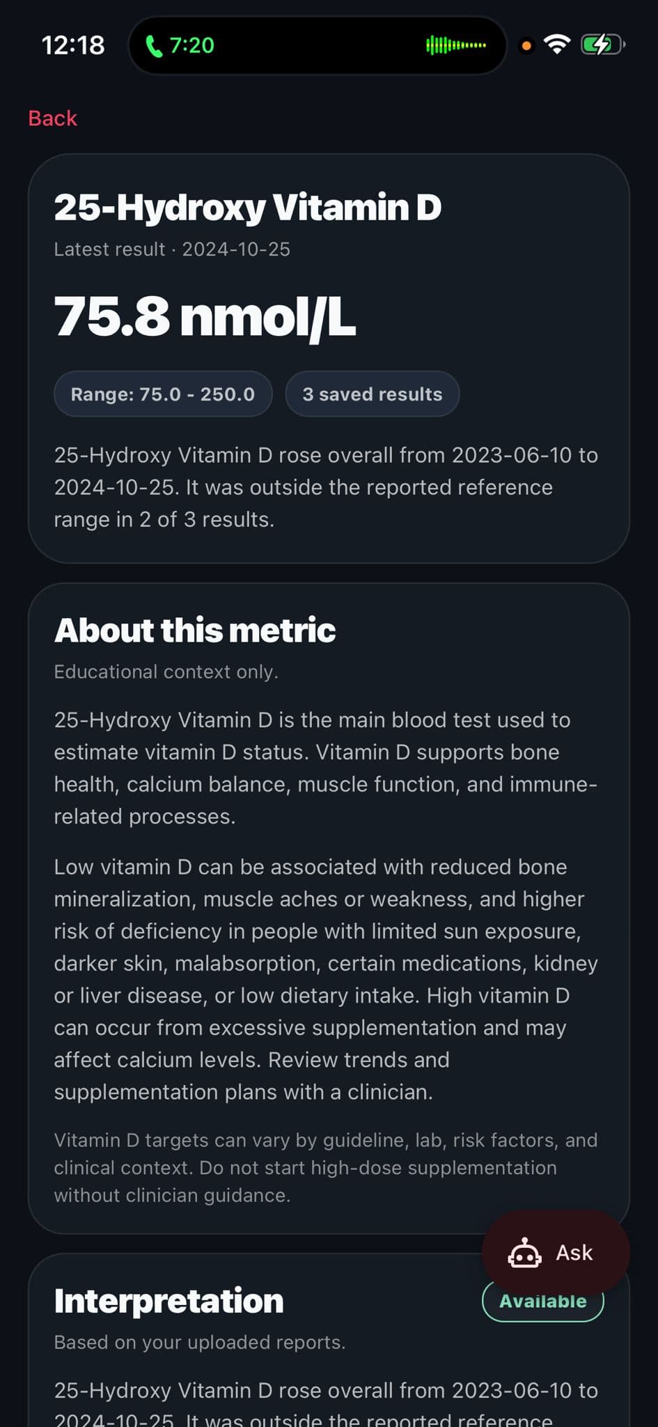 Medician lab metric detail screen