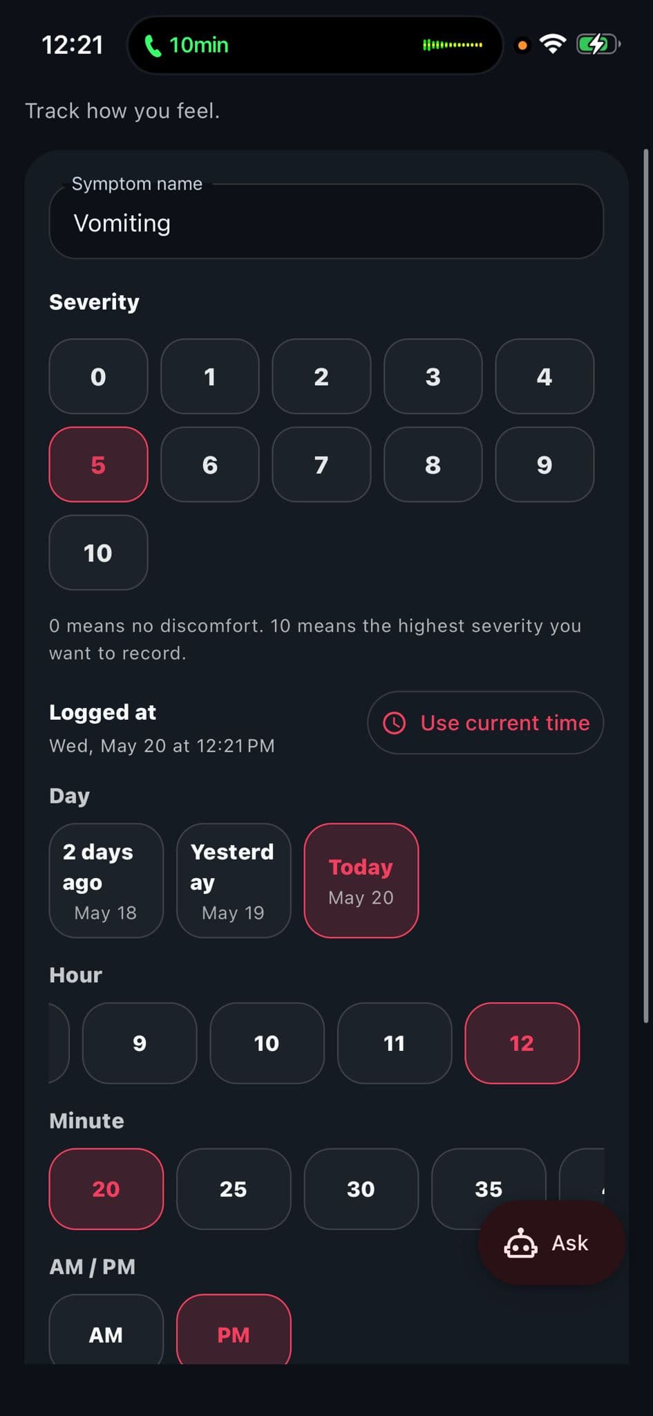 Medician symptom log form
