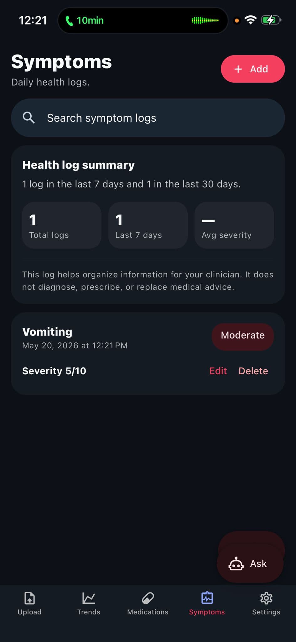 Medician symptoms home screen