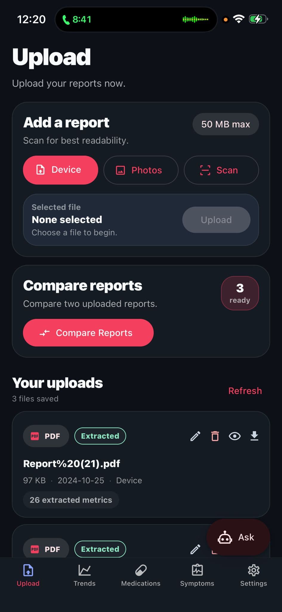 Medician upload and records screen